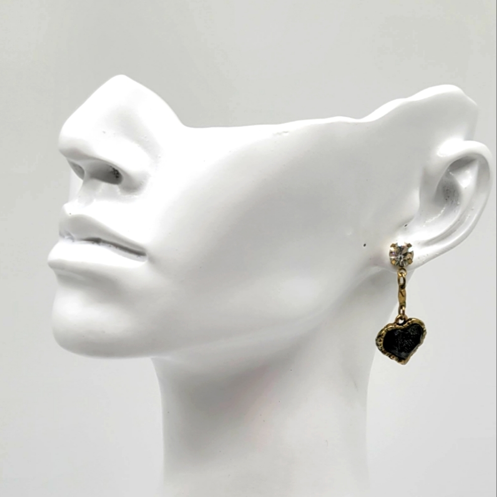 Betsey Johnson Vintage Heart Dangle Earrings with Diamond Crystal